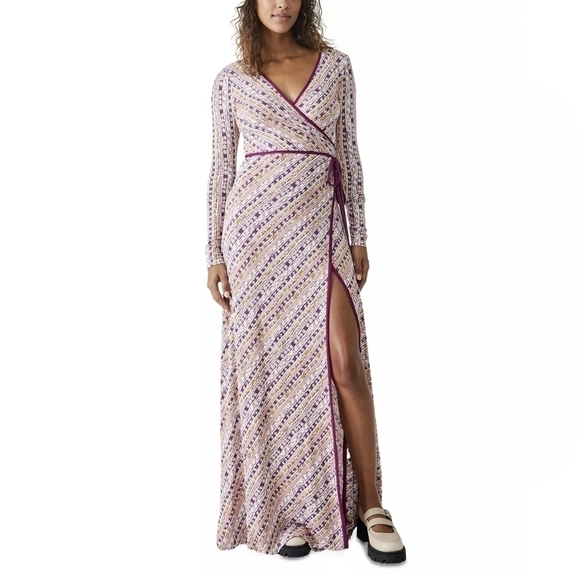 Free People Phoebe Printed Jersey Maxi Wrap Dress in Peach Combo Size Small NWT - Picture 4 of 11